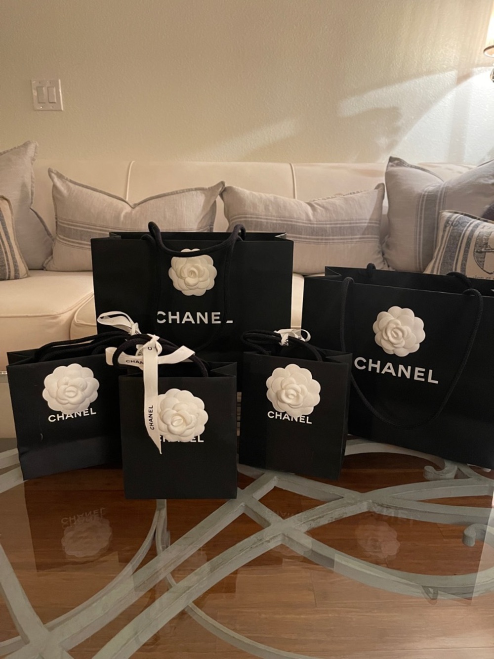 CHANEL Black Gift Bags with White Camellia Embellishments 3 small & 2 med size